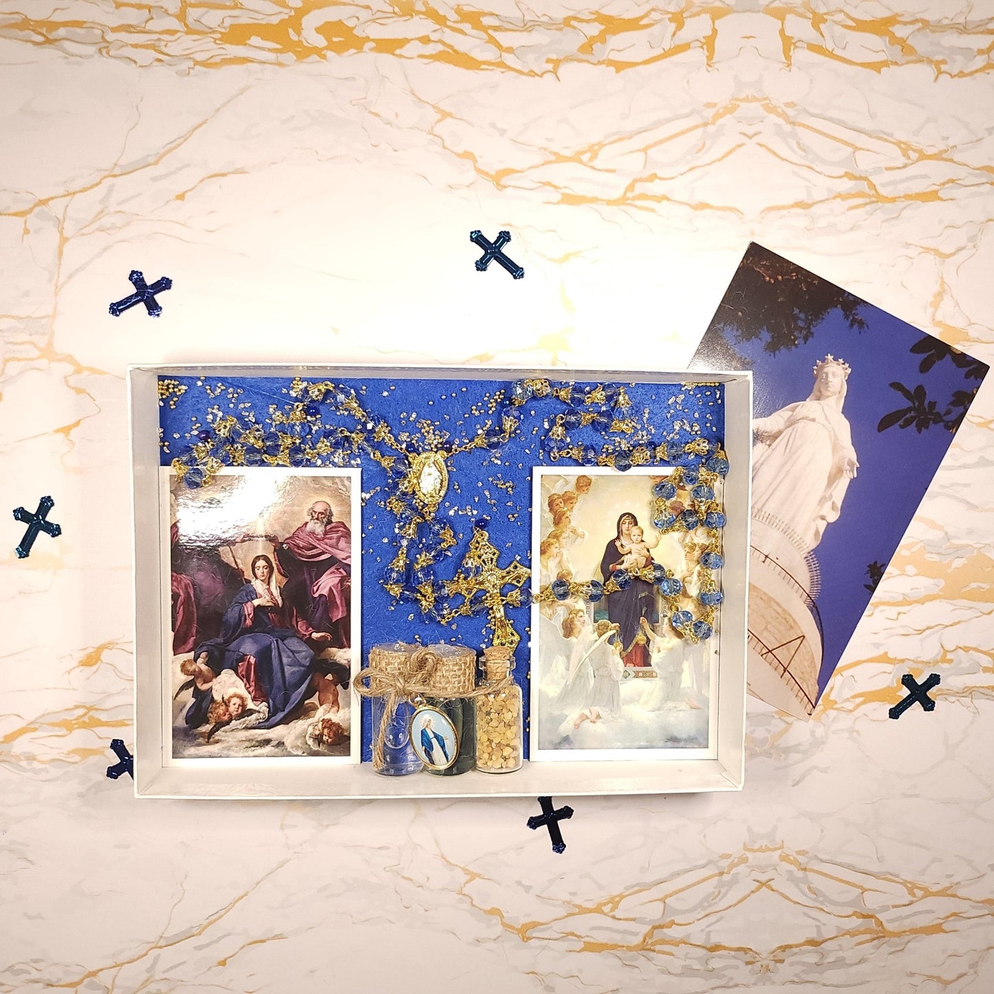 The Marian Box - (Rosary, Prayer cards, third class relics, water from Lourdes, Oil ...) - Our Lady of Gifts