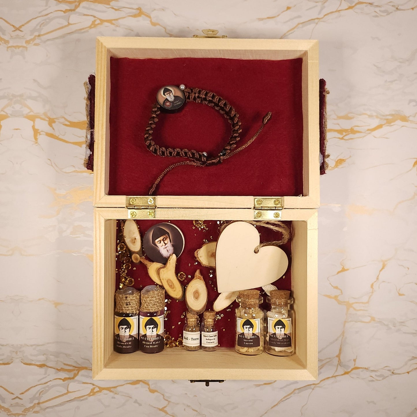 Saint Charbel Wooden Treasure Box (include relic bracelet) - Our Lady of Gifts