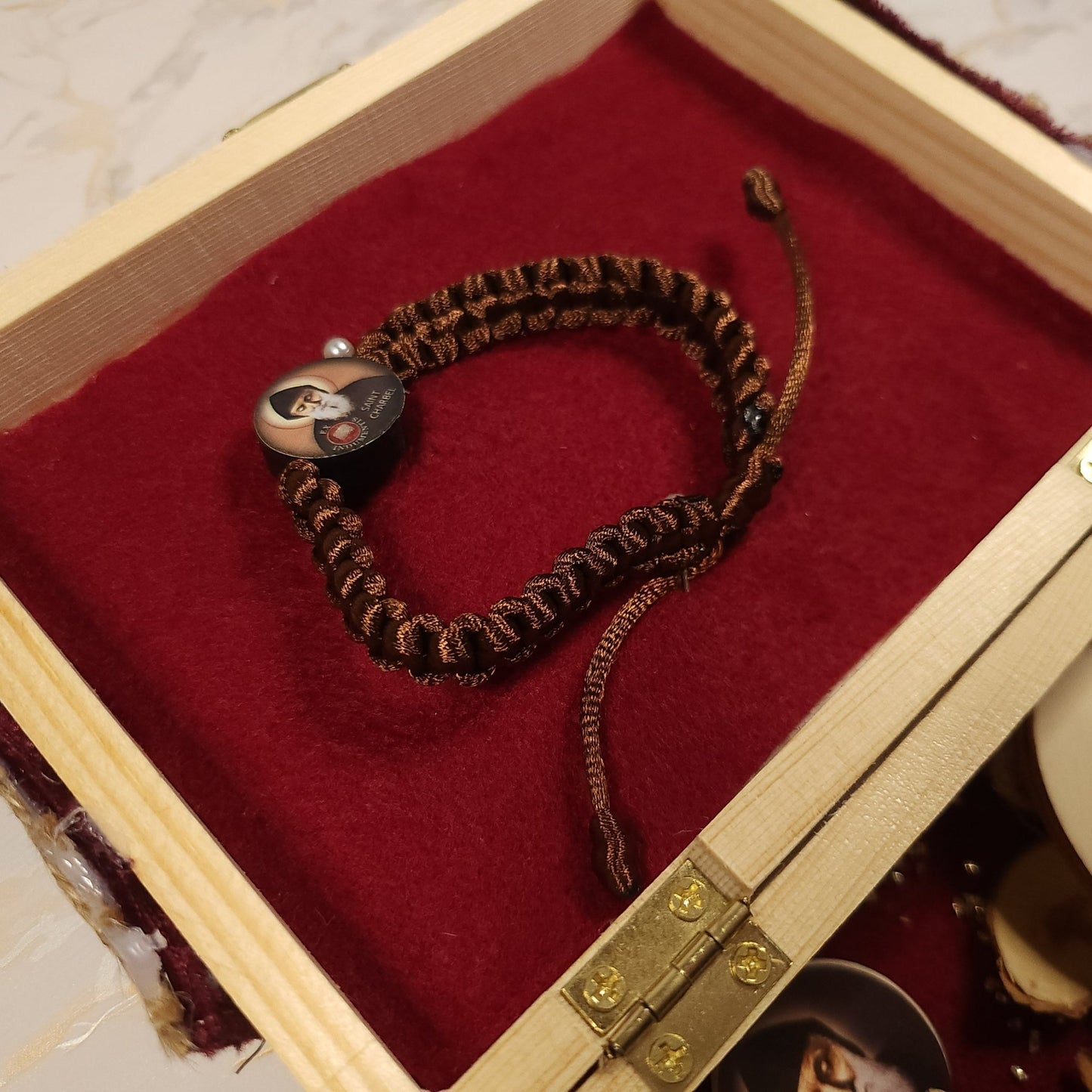 Saint Charbel Wooden Treasure Box (include relic bracelet) - Our Lady of Gifts