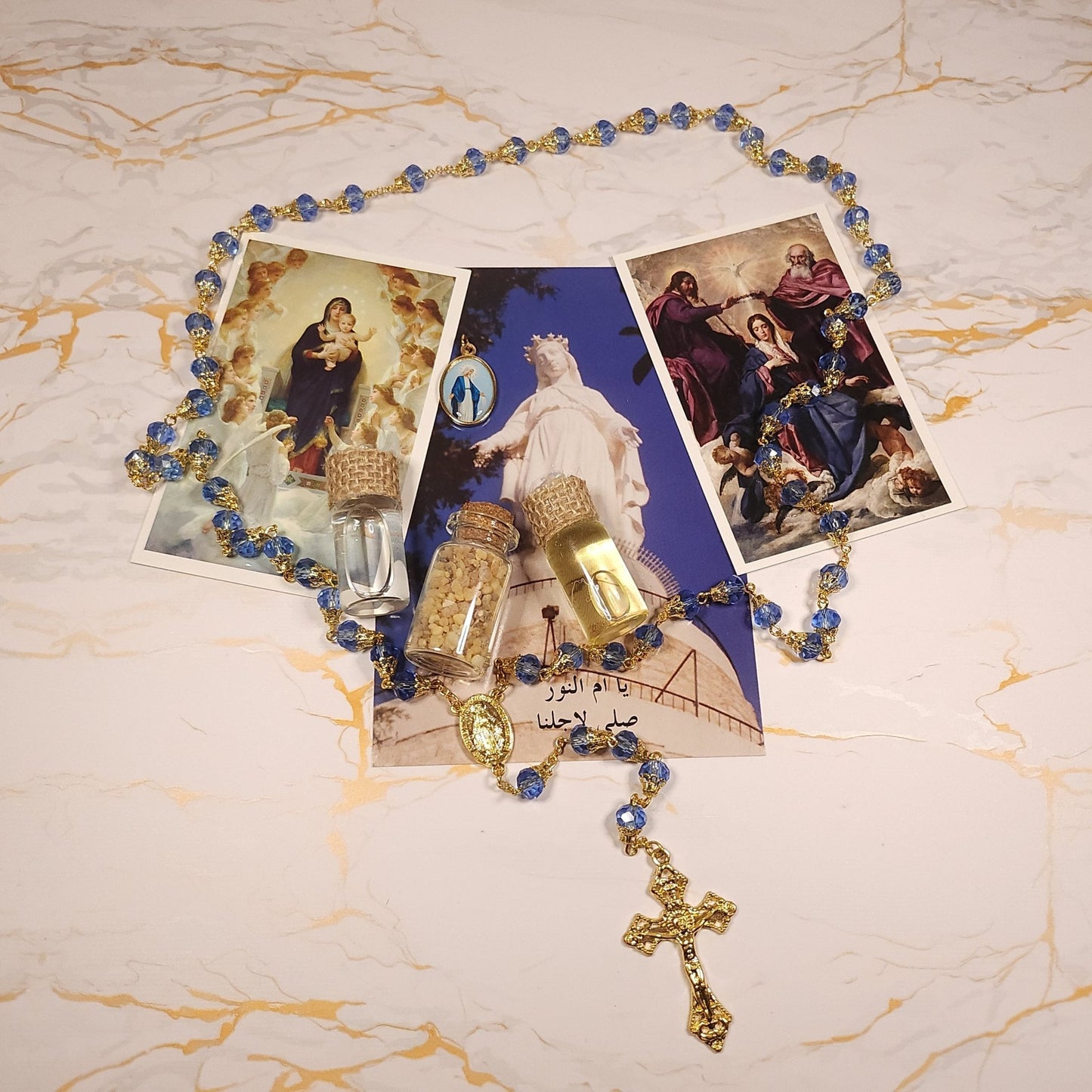 The Marian Box - (Rosary, Prayer cards, third class relics, water from Lourdes, Oil ...) - Our Lady of Gifts