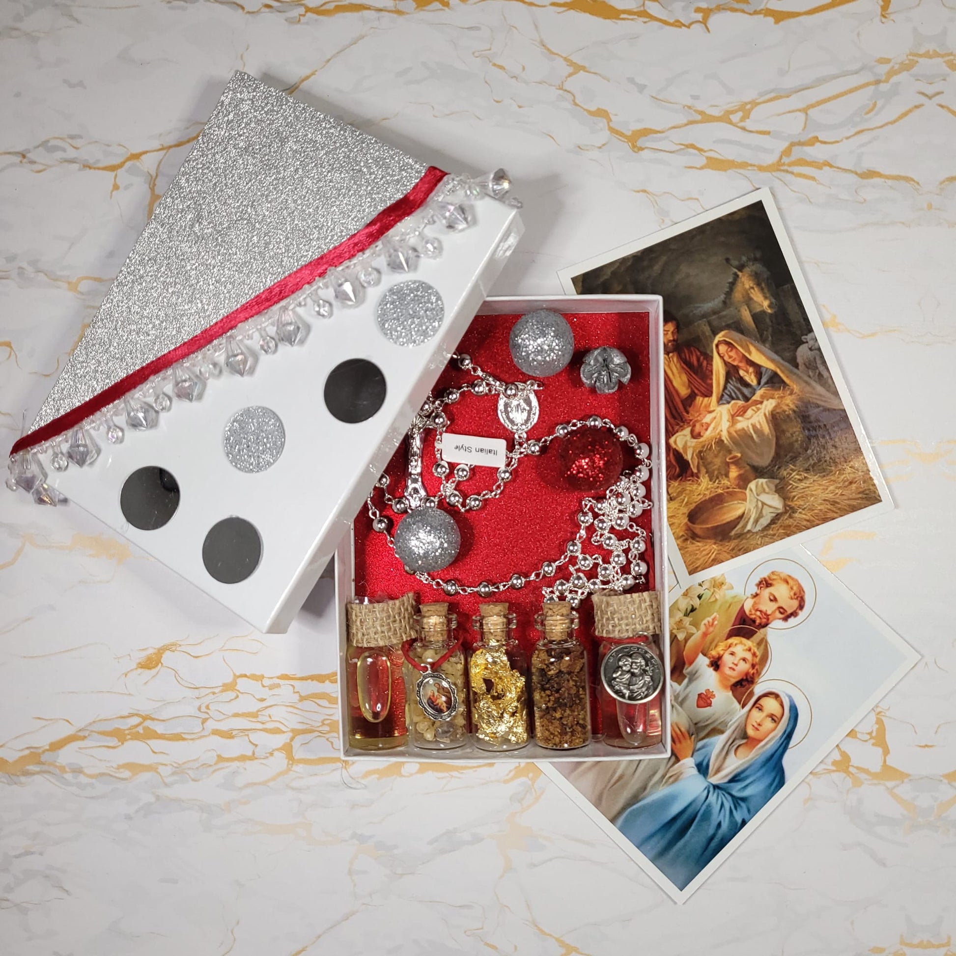 Nativity box - Myrrh, Incense, Gold, Silver Rosary, Relics oils, medals, prayer cards - Our Lady of Gifts