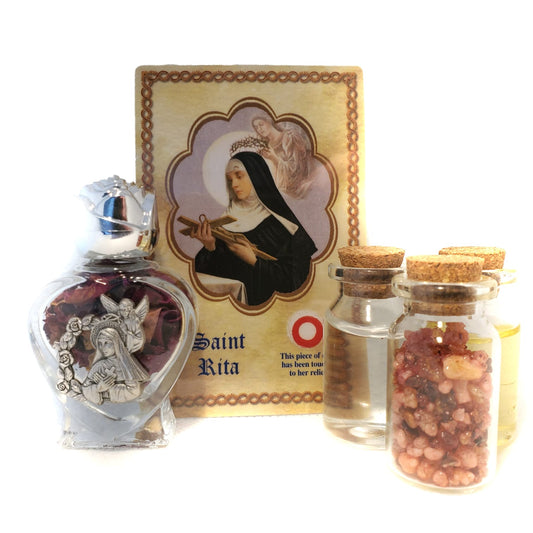 Saint Rita set of oil, water, rose incense, roses and relic card - Our Lady of Gifts