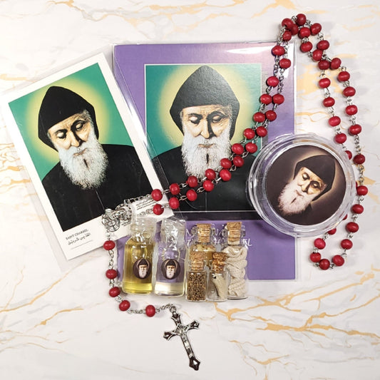 Set of oil, water, incense, soil, relic, rosary and novena booklet of Saint Charbel - Our Lady of Gifts